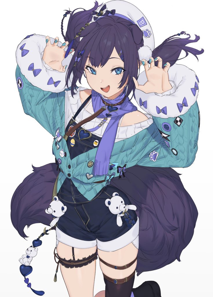 1girl, aiba_uiha, aiba_uiha_(2nd_costume), animal_ears, black_thighhighs, blue_nails, bow, commentary_request, dog_ears, female_focus, hat, kaoruko_(unkrk55), long_sleeves, looking_at_viewer, mole, mole_under_eye, nail_polish, nijisanji, open_mouth, overalls, purple_eyes, simple_background, single_thighhigh, solo, stuffed_animal, stuffed_toy, tagme, tail, teddy_bear, thigh_strap, thighhighs, virtual_youtuber, white_background, white_hat, wide_sleeves