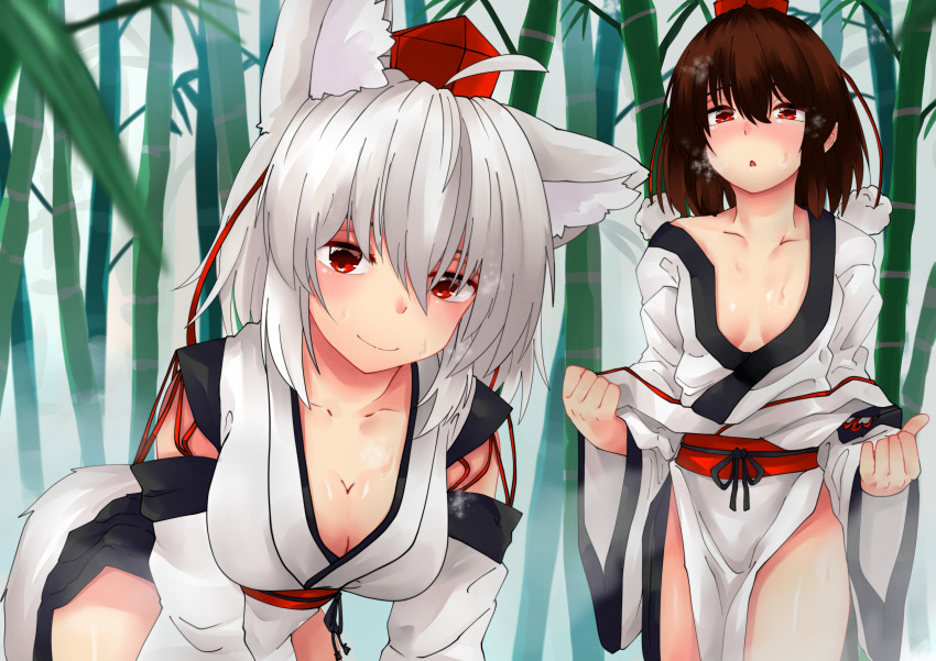 2girls, absurdres, ahoge, animal_ears, bad_id, bad_pixiv_id, bamboo, bamboo_forest, bent_over, black_hair, blush, breasts, cleavage, collarbone, detached_sleeves, forest, hat, heavy_breathing, highres, huge_filesize, inubashiri_momiji, kourindou_tengu_costume, large_breasts, looking_at_viewer, medium_breasts, multiple_girls, nature, naughty_face, obi, open_mouth, outdoors, pom_pom_(clothes), red_eyes, red_sash, sash, shameimaru_aya, shirokaba114, short_hair, silver_hair, smile, sweat, tail, tokin_hat, touhou, upper_body, wolf_ears, wolf_tail