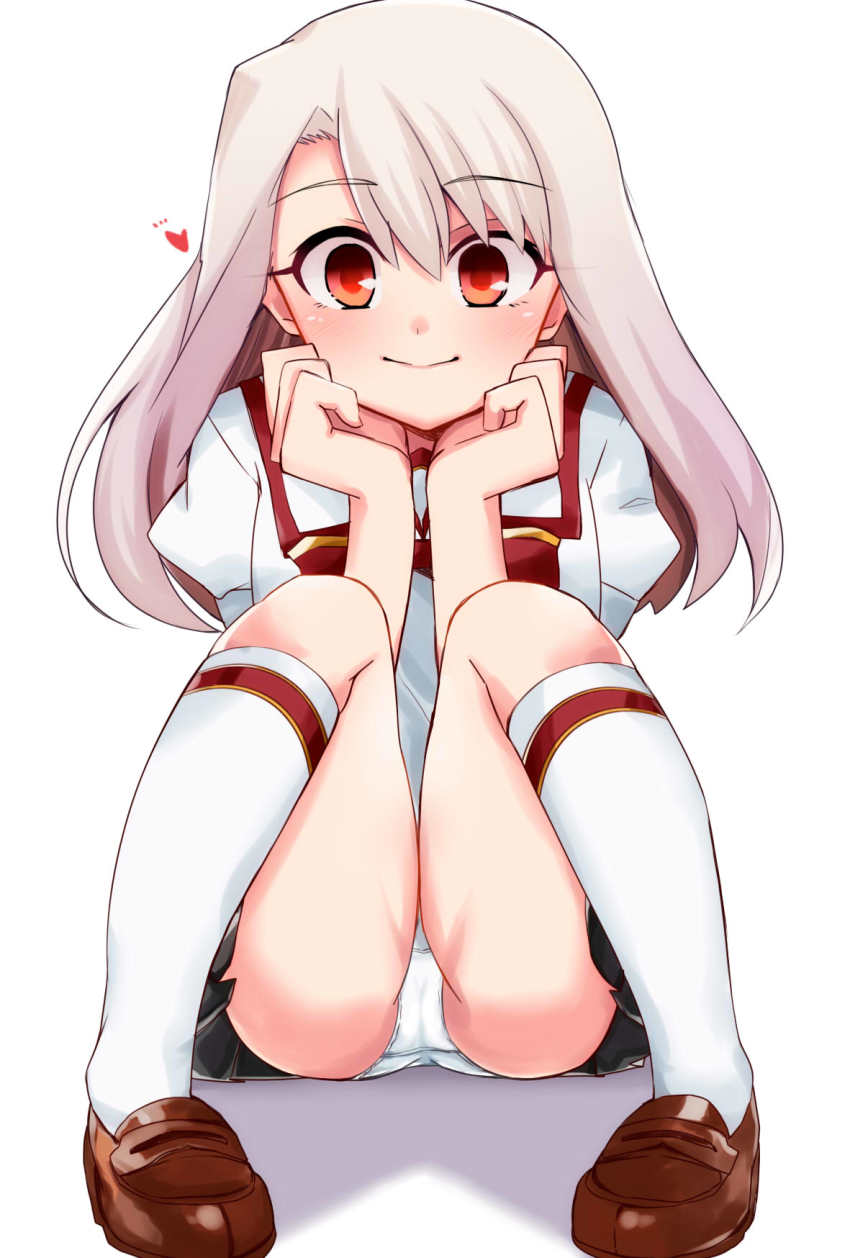 1girl, ass, bad_id, bad_pixiv_id, black_skirt, blonde_hair, brown_footwear, commentary_request, fate/kaleid_liner_prisma_illya, fate_(series), female_focus, gakuto_96, hair_between_eyes, highres, illyasviel_von_einzbern, kneehighs, looking_at_viewer, panties, pantyshot, red_eyes, simple_background, sitting, skirt, smile, socks, solo, underwear, white_background, white_panties, white_socks
