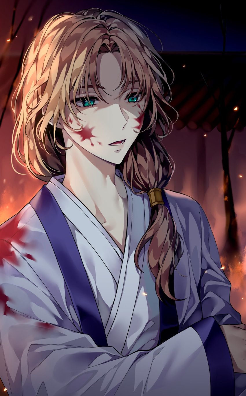 1boy, akatsuki_no_yona, bad_id, bad_twitter_id, blood, blood_on_clothes, blood_on_face, brown_hair