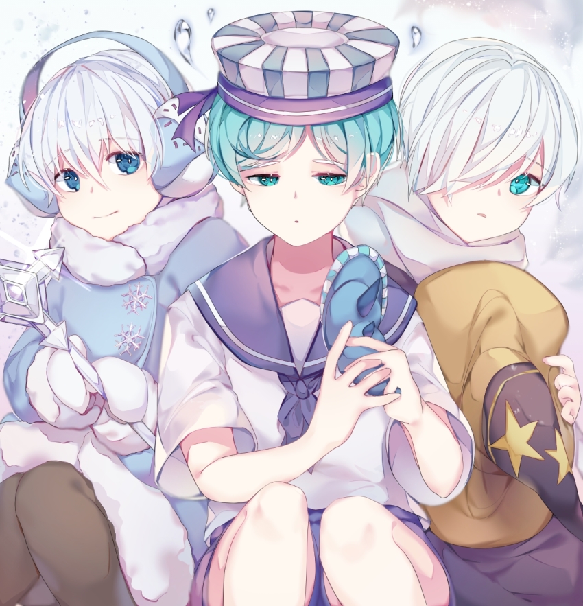 3boys, black_legwear, blue_coat, blue_eyes, blue_hair, blue_shorts, brown_headwear, coat
