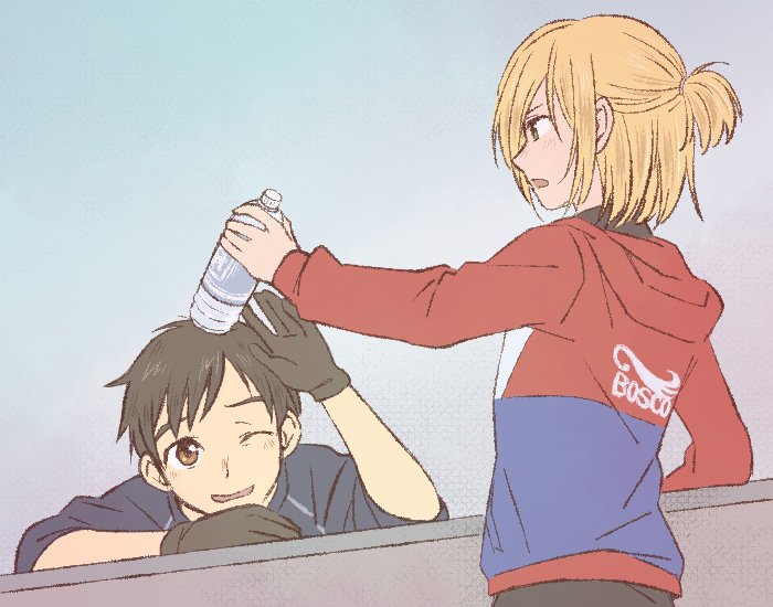 2boys, black_gloves, black_hair, blonde_hair, bottle, brown_eyes, gloves, green_eyes
