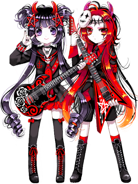 boots, bow, demon, drill_hair, goth_fashion, guitar, horns, instrument