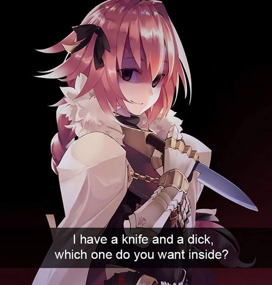 1boy, astolfo_(fate), braid, fate_(series), knife, long_hair, pink_hair, soupchan, third-party_edit, threatening, trap, yandere