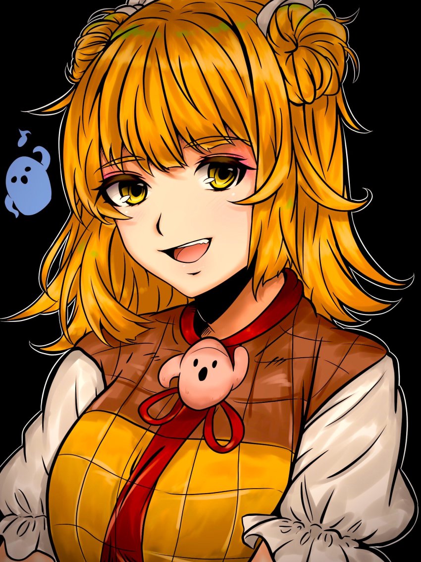 1girl, armor, armored_dress, black_background, blonde_hair, breasts, commentary, double_bun