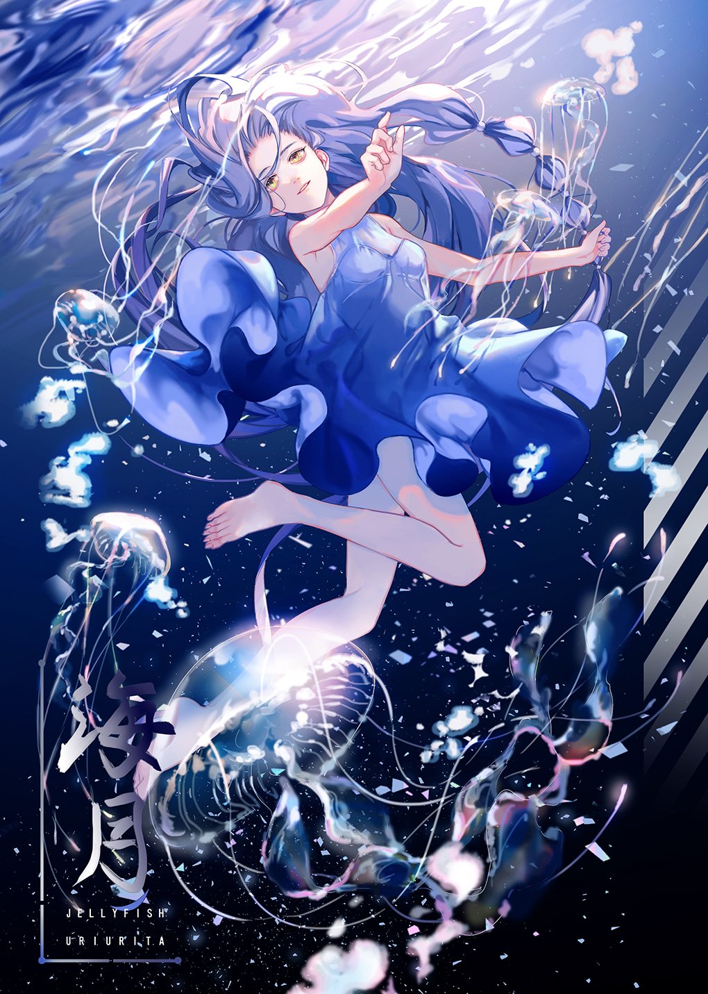 1girl, barefoot, blue_dress, blue_hair, braid, bubble, dress, female_focus