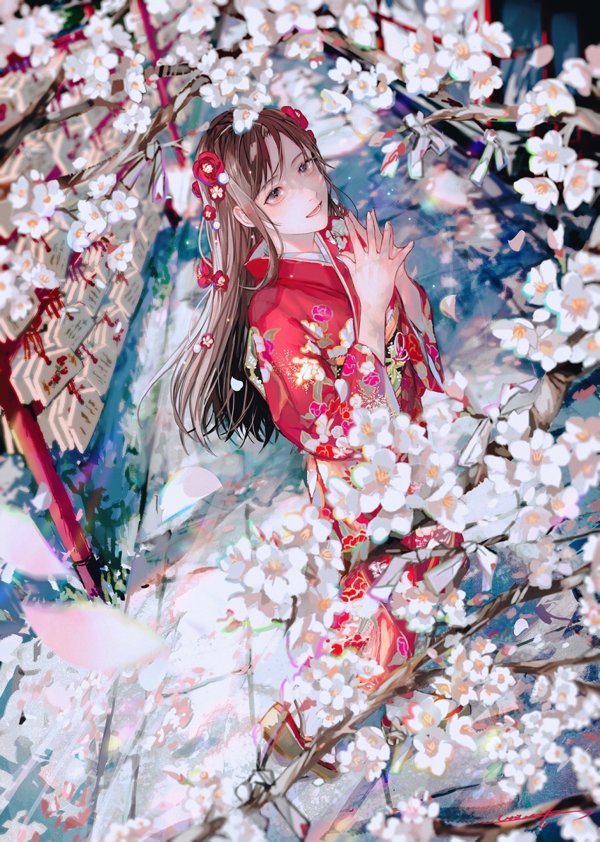 1girl, brown_hair, cherry_blossoms, female_focus, flower, hair_flower, hair_ornament, highres