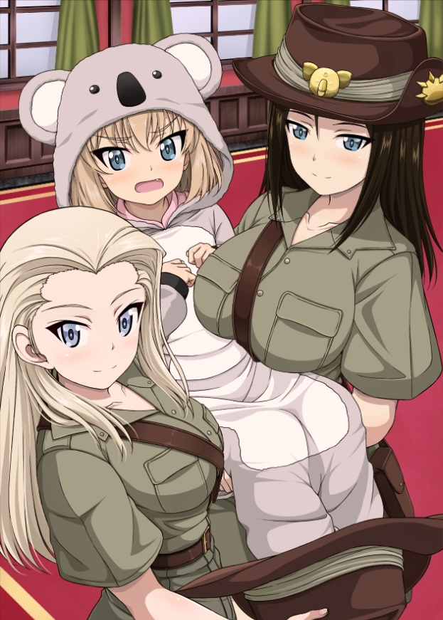 3girls, animal_costume, belt, black_hair, blonde_hair, blue_eyes, blush, breasts, brown_headwear, brown_shirt, clara_(girls_und_panzer), closed_mouth, collared_shirt, commentary_request, curtains, fang, frown, girls_und_panzer, hat, holding, holding_unworn_clothes, holding_unworn_hat, indoors, inoshira, katyusha_(girls_und_panzer), koala_costume, koala_forest_military_uniform, large_breasts, lifting_person, long_hair, looking_at_viewer, military, military_uniform, multiple_girls, nonna_(girls_und_panzer), open_mouth, sam_browne_belt, shirt, short_hair, short_sleeves, slouch_hat, smile, standing, swept_bangs, unworn_hat, unworn_headwear, window