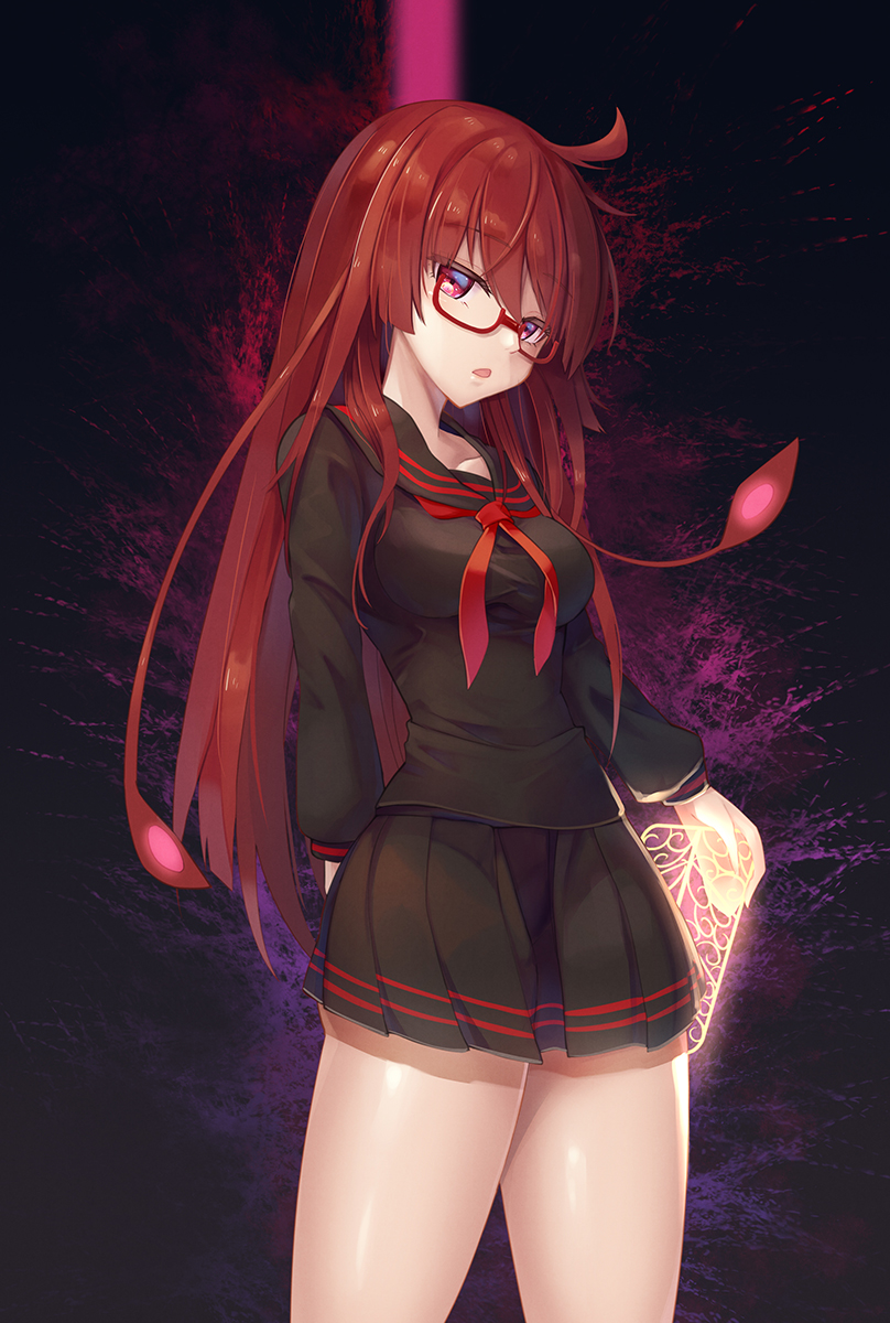 1girl, ahoge, black_background, black_sailor_collar, black_serafuku, black_shirt, black_skirt, breasts