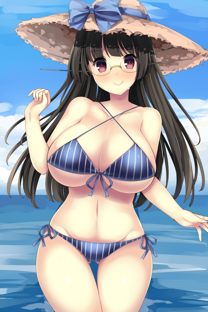 1girl, akikaze_tsumuji, alternate_costume, bikini, black_hair, blue_bow, blue_sky, blush