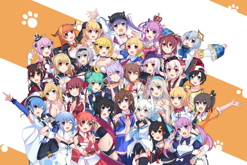 6+girls, :d, absurdres, akai_haato, akai_haato_(1st_costume), aki_rosenthal, aki_rosenthal_(1st_costume), alternate_costume