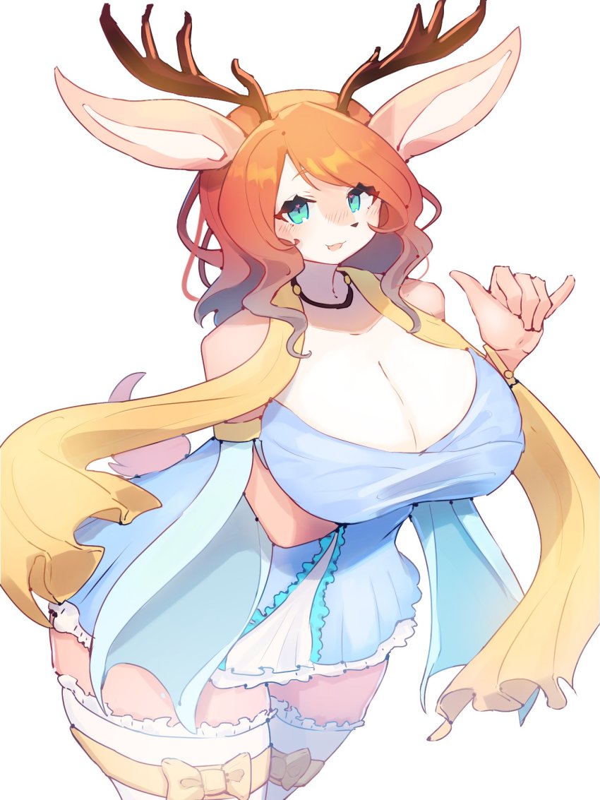 1girl, baburusushi, blue_eyes, breasts, brown_hair, cleavage, commission, curvy, deer, female_focus, furry, furry_female, highres, huge_breasts, long_hair, smile, solo, thick_thighs, thighhighs, thighs, wide_hips