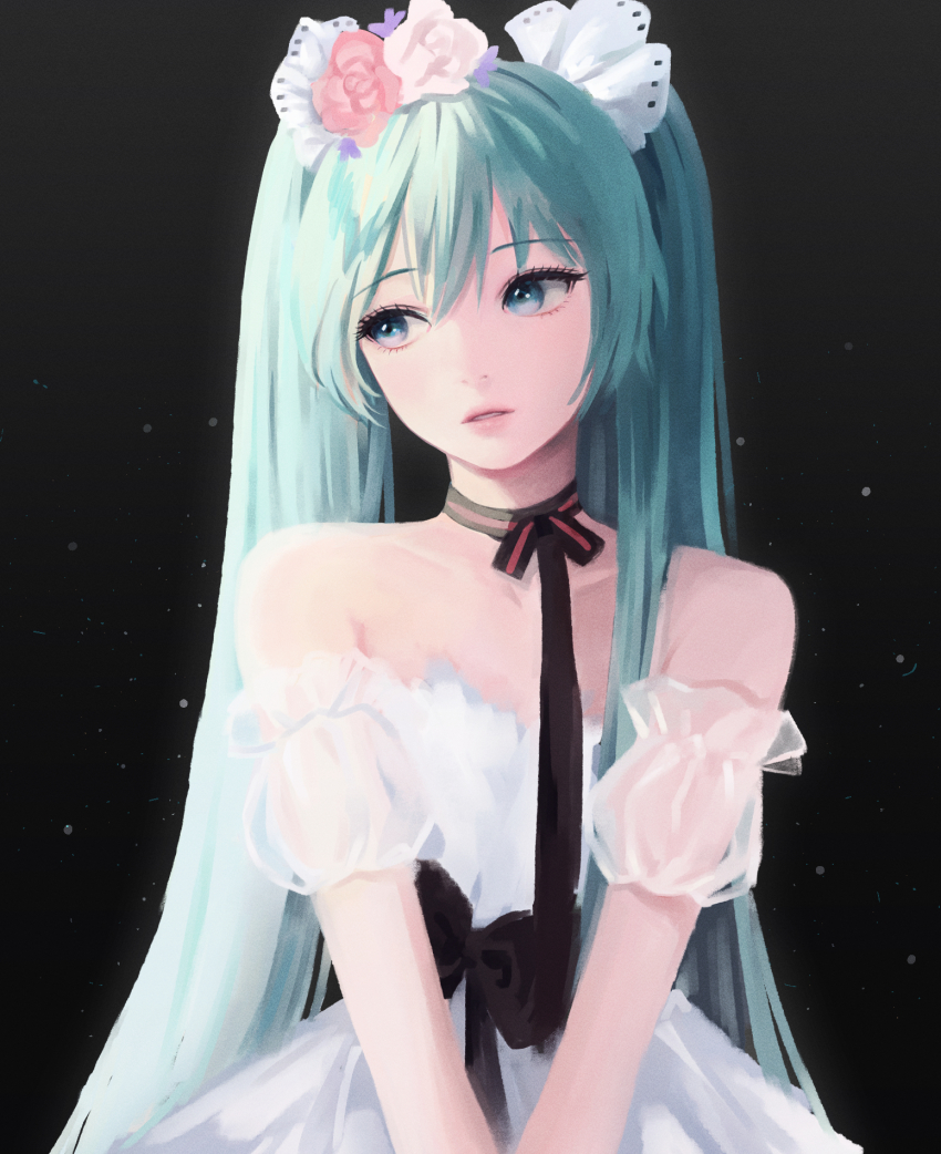 1girl, aqua_eyes, aqua_hair, bad_id, bad_pixiv_id, ballerina, bare_shoulders, black_background, black_bow, black_ribbon, bow, bowtie, commentary, detached_sleeves, dress, expressionless, female_focus, flower, frilled_sleeves, frills, hair_flower, hair_ornament, hatsune_miku, hatsune_miku_(miku_with_you_2019), highres, korean_commentary, lips, long_hair, looking_to_the_side, miku_with_you_(vocaloid), neck_ribbon, own_hands_together, parted_lips, puffy_sleeves, ribbon, see-through_clothes, see-through_sleeves, short_sleeves, solo, strapless, strapless_dress, take_heart7, twintails, upper_body, very_long_hair, vocaloid, white_dress