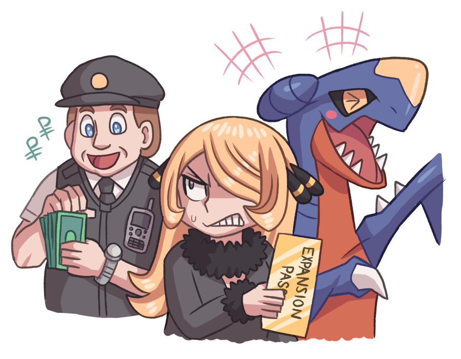 1boy, 1girl, angry, ayyk92, blonde_hair, blush, brown_hair, cynthia_(pokemon), english_text, garchomp, gen_4_pokemon, hair_over_one_eye, hat, holding, holding_money, laughing, long_hair, money, nintendo, pokemon, pokemon_(creature), pokemon_diamond/pearl/platinum, pokemon_sword_and_shield, police, police_hat, police_officer_(pokemon), police_uniform, short_hair, tucked_money, walkie-talkie, watch