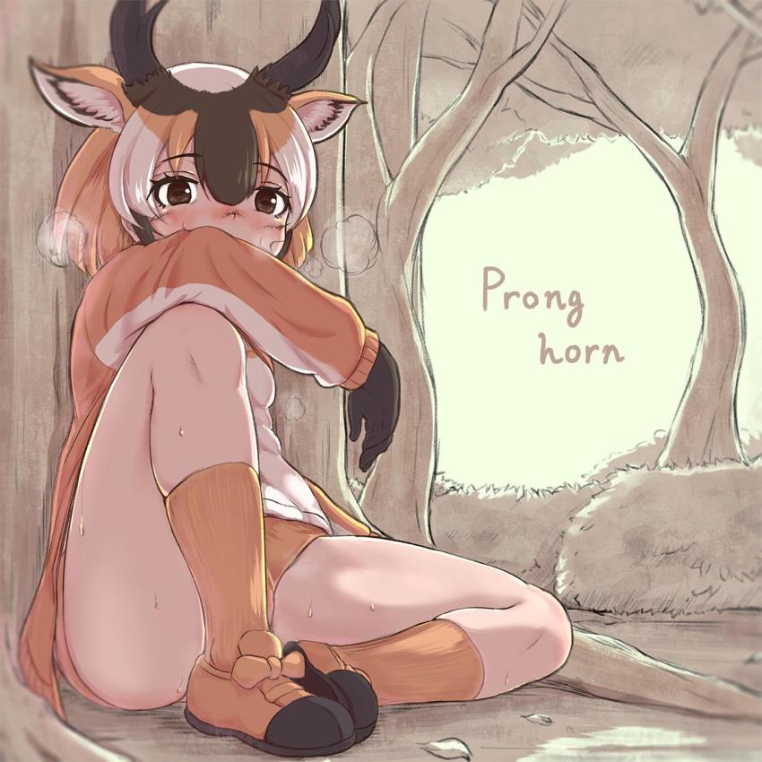 1girl, animal_ears, antlers, arm_on_knee, arm_support, black_gloves, blush, brown_eyes