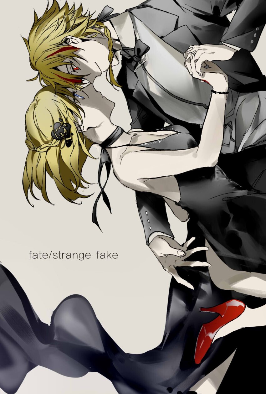 1boy, 1girl, black_dress, black_flower, black_rose, black_theme, blonde_hair, blue_eyes, bow, bowtie, braid, business_casual, copyright_name, dancing, dress, fate/strange_fake, fate_(series), floating_clothes, flower, formal_clothes, french_braid, hair_flower, hair_ornament, highres, jacket, multicolored_hair, red_eyes, redoxhn, richard_i_(fate), rose, sajou_ayaka_(fate/prototype), sajou_ayaka_(fate/strange_fake), side_slit, sideways, streaked_hair, suit, suit_jacket, tuxedo