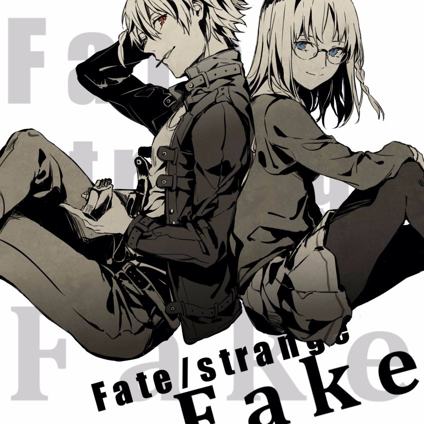 1boy, 1girl, back-to-back, blue_eyes, braid, copyright_name, fate/strange_fake, fate_(series), food, glasses, high_contrast, highres, jacket, pantyhose, pocky, red_eyes, redoxhn, richard_i_(fate), sajou_ayaka_(fate/prototype), sajou_ayaka_(fate/strange_fake), sitting, spot_color