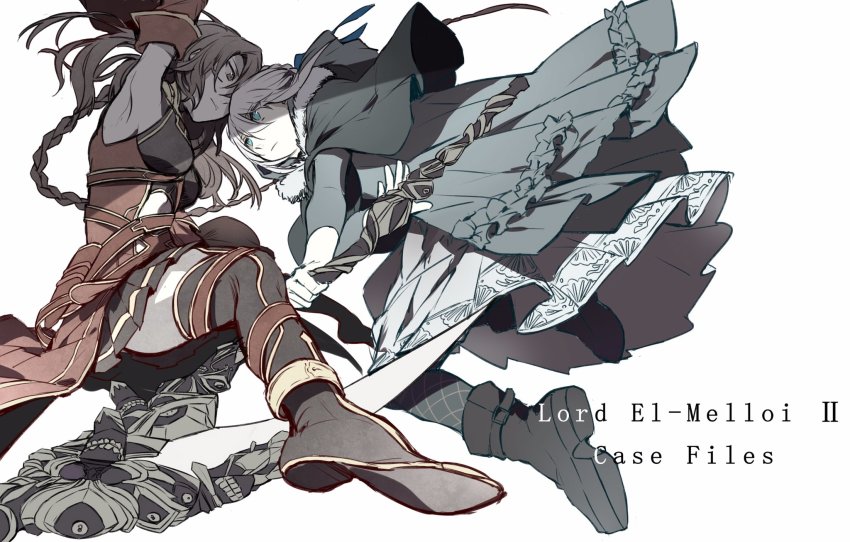 2girls, aqua_eyes, armor, armpits, boots, braid, breasts, brown_eyes, brown_hair, cape, cloak, clothing_cutout, copyright_name, crown_braid, detached_sleeves, dress, fate_(series), fighting, fur-trimmed_cloak, fur_trim, gray_(fate), grey_cape, grey_dress, hephaestion_(fate), highres, hood, hood_down, hooded_cloak, long_hair, long_sleeves, lord_el-melloi_ii_case_files, midriff, multiple_girls, pantyhose, redoxhn, scythe, shoe_soles, stomach_cutout, thigh_boots, white_background