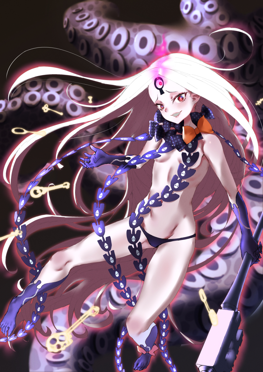 1girl, abigail_williams_(fate), abigail_williams_(third_ascension)_(fate), bad_id, bad_pixiv_id, barefoot, bow, bowtie, breasts, chen_bingyou, fate/grand_order, fate_(series), female_focus, grin, groin, highres, holding, keyhole, long_hair, looking_at_viewer, navel, nrets, panties, parted_bangs, purple_panties, red_eyes, sharp_teeth, smile, solo, teeth, topless_female, underwear, very_long_hair, white_hair