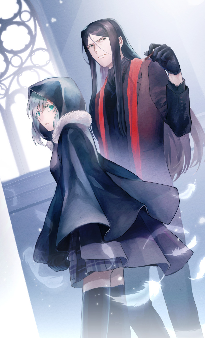 1boy, 1girl, absurdres, black_cape, black_gloves, black_thighhighs, cape, capelet