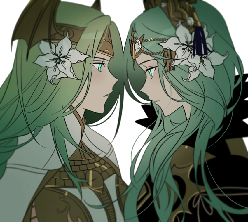 2girls, crown, dual_persona, fire_emblem, fire_emblem:_three_houses, flower, from_side, green_eyes, green_hair, hair_flower, hair_ornament, long_hair, multiple_girls, nintendo, rhea_(fire_emblem), seiros_(fire_emblem), simple_background, spoilers, tiara, upper_body, vo1ez, white_background