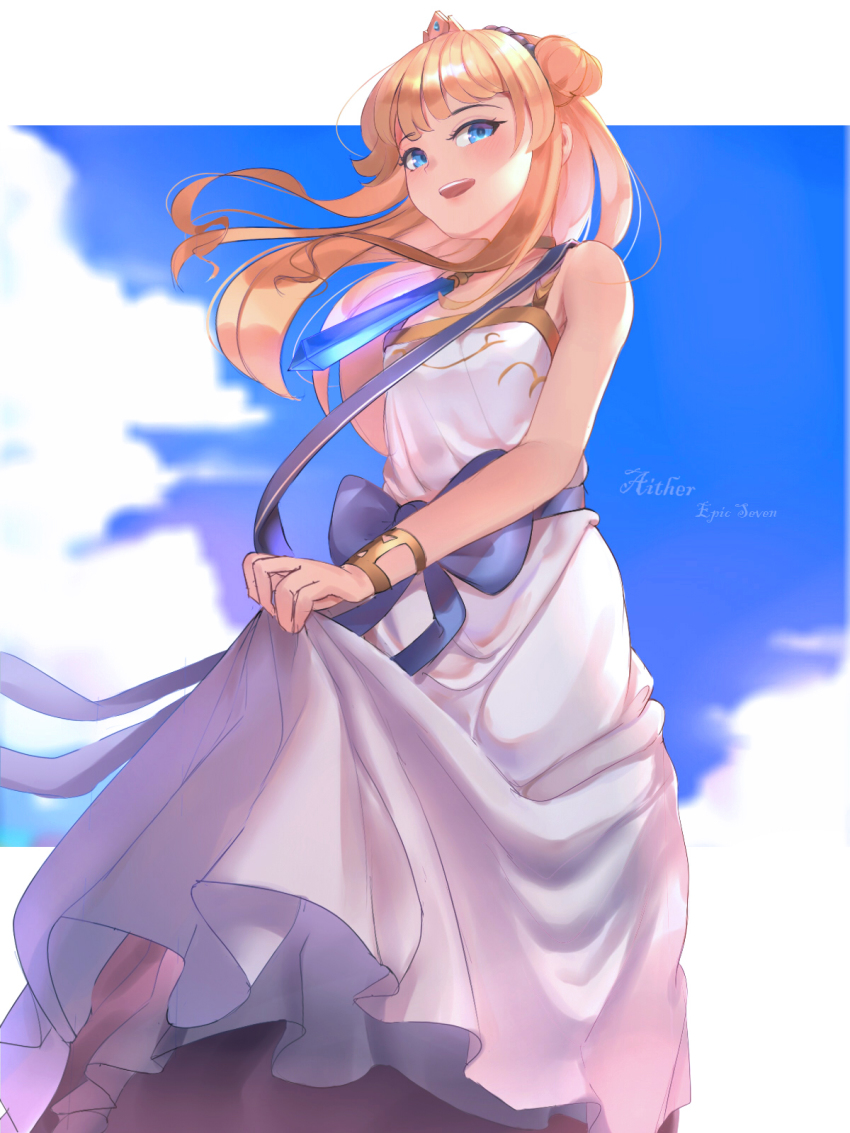 1boy, aither_(epic_seven), blonde_hair, blue_bow, blue_eyes, blue_neckwear, bow, bracelet, character_name, copyright_name, crown, day, dress, epic_seven, hair_bun, highres, holding_own_dress, jewelry, long_hair, male_focus, outdoors, prince_aither, single_hair_bun, solo, somray, standing, trap, white_dress