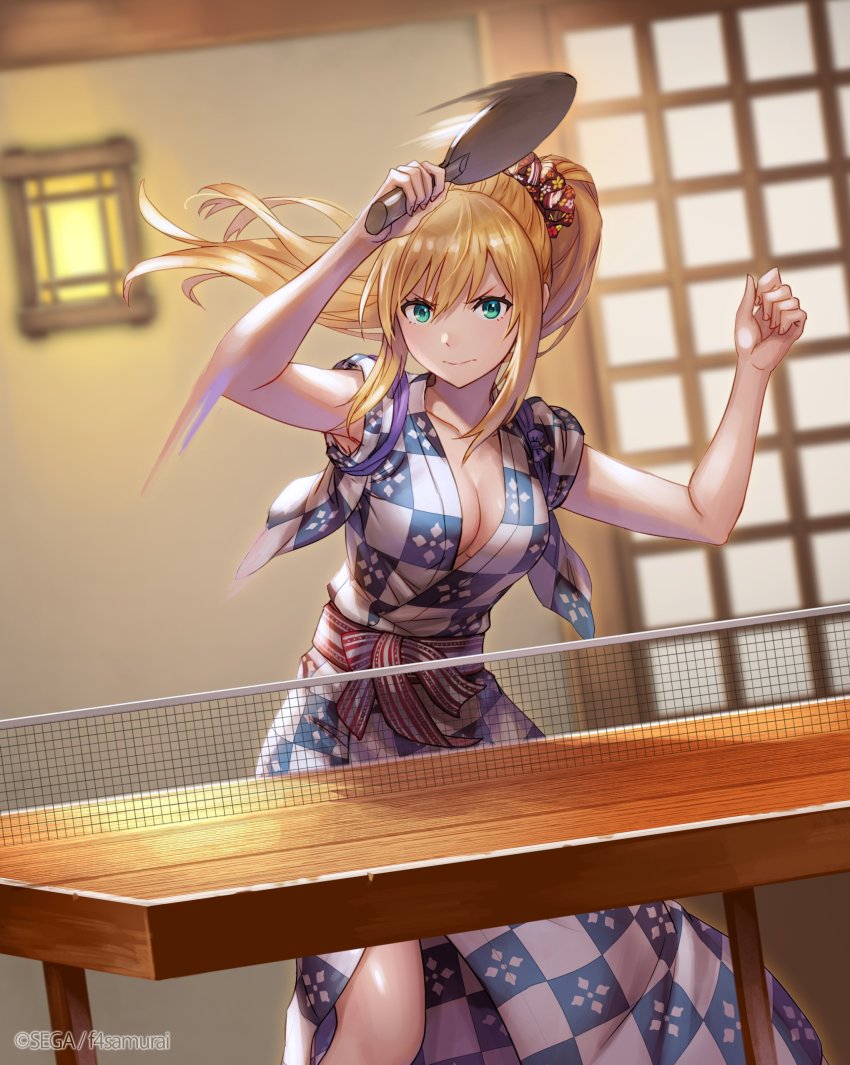 1girl, absurdres, anbe_yoshirou, ball, blonde_hair, blurry, blurry_background, breasts