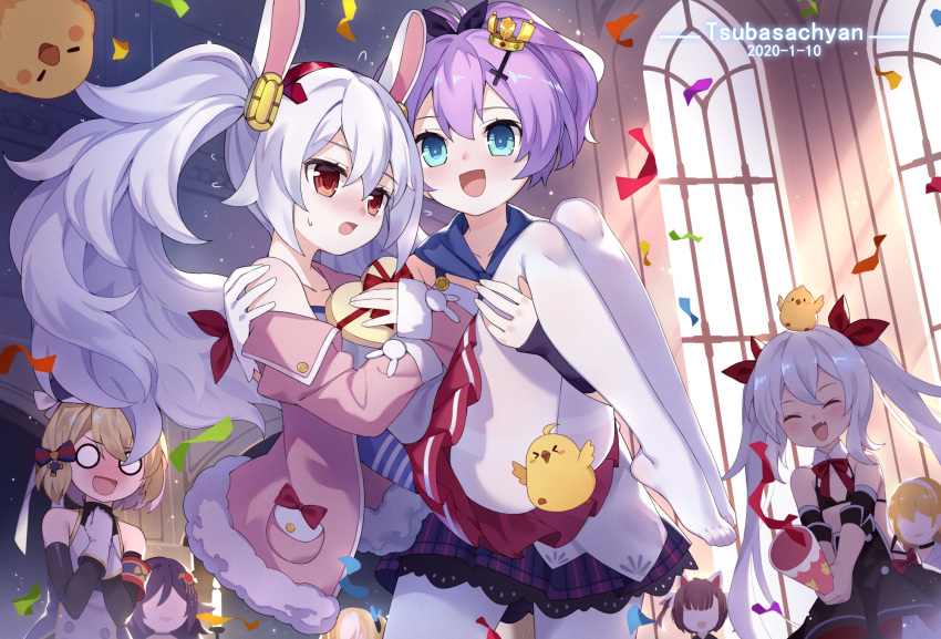 6+girls, ^_^, animal_ears, aqua_eyes, artist_name, azur_lane, bare_shoulders, blonde_hair, blue_eyes, blush, box, camisole, candle, carrying, closed_eyes, collarbone, commentary_request, confetti, dated, fake_animal_ears, hair_between_eyes, heart-shaped_box, highres, holding_person, houshou_(azur_lane), jacket, javelin_(azur_lane), kalk_(azur_lane), laffey_(azur_lane), light_purple_hair, manjuu_(azur_lane), multiple_girls, no_shoes, north_carolina_(azur_lane), nose_blush, off_shoulder, open_mouth, pantyhose, party_popper, pink_jacket, plaid_clothes, plaid_skirt, pleated_skirt, princess_carry, purple_hair, purple_skirt, rabbit_ears, red_eyes, red_skirt, shiratsuyu_(azur_lane), sidelocks, skirt, smile, surprised, thighband_pantyhose, toes, tsubasa_tsubasa, twintails, vampire_(azur_lane), white_legwear, yuri, z23_(azur_lane)