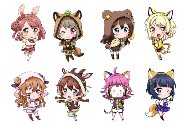 >_<, 6+girls, :3, :d, ahoge, animal_ears, animal_hood, asaka_karin, bear_ears, bear_tail, black_hair, blonde_hair, blue_eyes, blue_hair, blue_skirt, bow, bowtie, braid, brown_hair, cat_ears, chibi, emma_verde, fake_animal_ears, fox_ears, fox_tail, goat_hood, goat_horns, green_neckwear, grey_hair, grin, hair_bun, hand_on_own_hip, hands_up, hood, hood_up, horns, izumi_kirifu, jacket, konoe_kanata, leaf, leaf_on_head, long_hair, looking_at_viewer, love_live!, love_live!_nijigasaki_high_school_idol_club, love_live!_school_idol_festival_all_stars, mask, midriff, miyashita_ai, multiple_girls, nakasu_kasumi, neck_ribbon, one_eye_closed, open_mouth, orange_eyes, orange_hair, osaka_shizuku, pajamas, pink_hair, purple_eyes, rabbit_ears, rabbit_tail, raccoon_ears, raccoon_tail, red_eyes, ribbon, rubbing_eyes, sheep_hood, sheep_horns, short_hair, short_shorts, shorts, side_bun, simple_background, single_side_bun, skirt, sleepy, smile, standing, standing_on_one_leg, tail, tennoji_rina, twin_braids, uehara_ayumu, v-shaped_eyebrows, whip, white_background, yellow_eyes