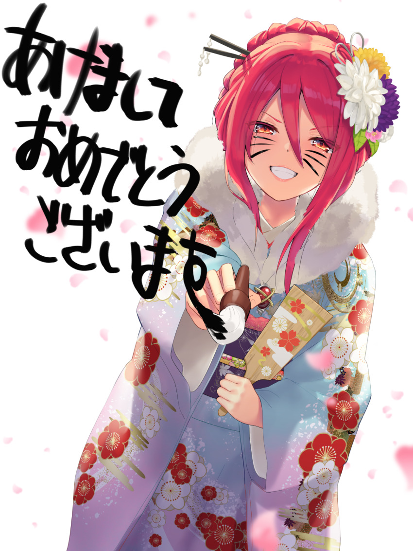calligraphy, calligraphy_brush, drawing_on_another's_face, drawing_on_own_face, hagoita, hanetsuki, highres, holding