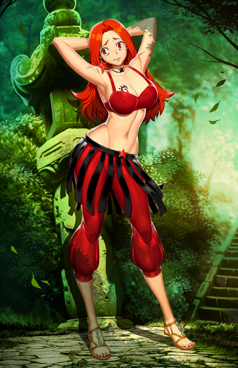 1girl, bishoujo_senshi_sailor_moon, braid, breast_tattoo, breasts, cleavage, curvy, eudial, fairy_tail, feet, female_focus, flare_corona, genzoman, highres, large_breasts, long_hair, nail_polish, red_hair, shiny_skin, solo, tattoo, twin_braids