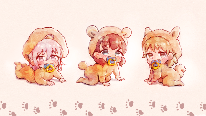 3girls, aged_down, ahoge, all_fours, baby, blonde_hair, blue_eyes, blush