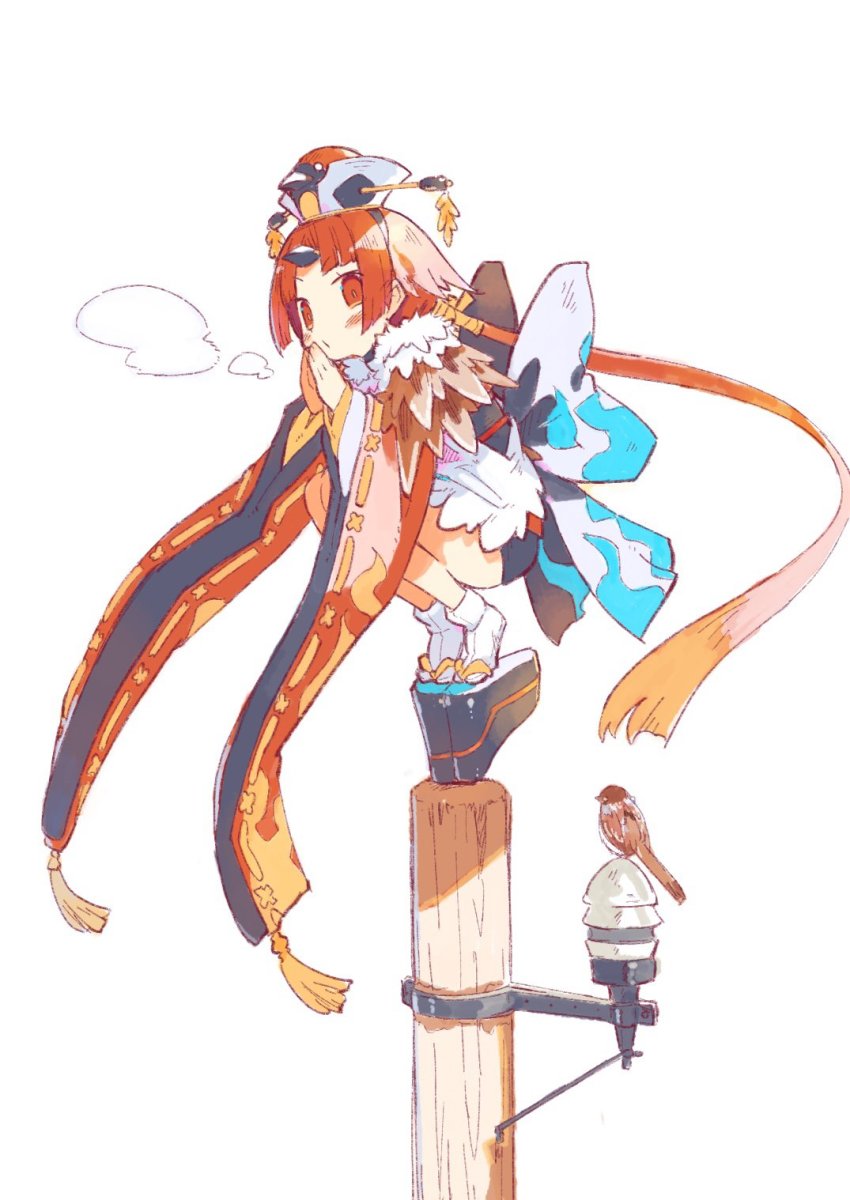 1girl, beni-enma, beni-enma_(first_ascension), bird, brown_eyes, brown_hair, cold, fate/grand_order, fate_(series), feather_trim, full_body, harada_takehito, hat, highres, legs_together, low_ponytail, okobo, on_pole, platform_clogs, platform_footwear, platform_sandals, ponytail, sandals, short_hair_with_long_locks, simple_background, sparrow, squatting, tabi, white_background, wide_sleeves