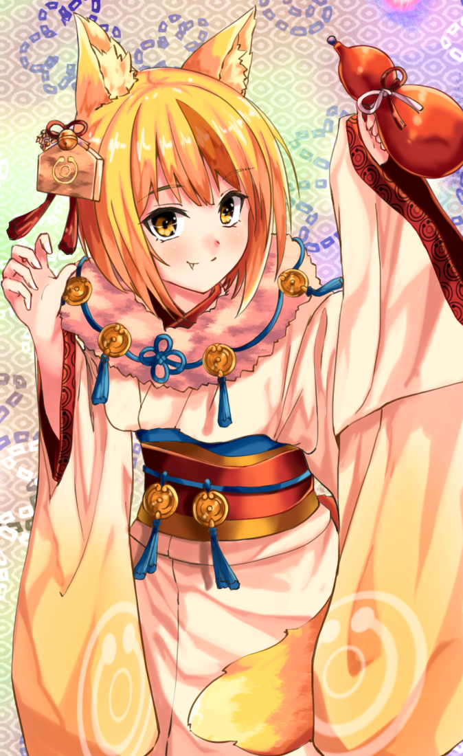 1girl, animal_ears, bell, blonde_hair, brown_hair, closed_mouth, fang, female_focus, fire_emblem, fire_emblem_fates, fire_emblem_heroes, fox_ears, fuussu_(21-kazin), hair_ornament, holding, japanese_clothes, kimono, long_sleeves, multicolored_hair, nintendo, obi, sash, selkie_(fire_emblem), selkie_(new_year)_(fire_emblem), smile, solo, streaked_hair, wide_sleeves, yellow_eyes