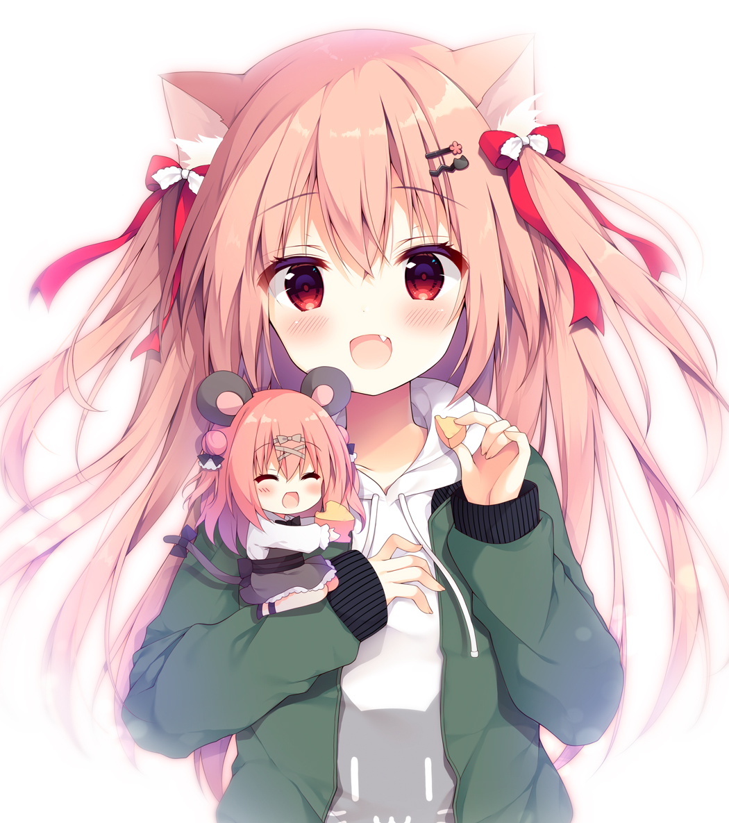 2girls, :d, ^_^, animal_ear_fluff, animal_ears, blush, bow, brown_hair