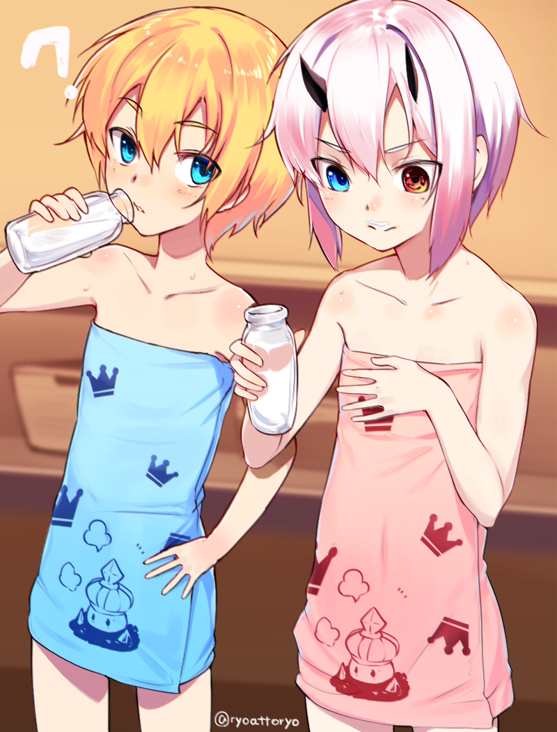 2girls, ?, blonde_hair, blue_eyes, bottle, breast_conscious, female_focus, flat_chest, hand_on_own_hip, hand_on_own_chest, heterochromia, horns, iris_(ryou@ryou), milk, milk_mustache, multiple_girls, naked_towel, original, pink_hair, ryou@ryou, short_hair, skinny, towel, twitter_username