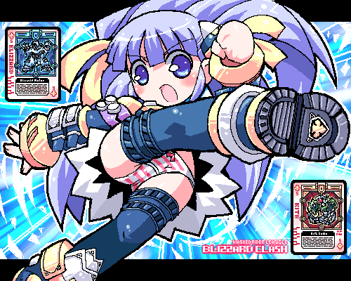 1girl, angry, animal, armor, bear, blue_background, blue_dress, blue_eyes, blue_hair, blue_shoes, blue_thighhighs, blush, bow, bow_panties, card, club_(shape), cobra_(animal), dress, flying_kick, hair_ornament, hair_ribbon, kamen_rider, kamen_rider_blade_(series), kamen_rider_leangle, kicking, loli, long_hair, long_sleeves, lowres, open_mouth, panties, pantyshot, personification, pink_panties, playing_card, polar_bear, ribbon, rider-tan, rider_kick, rouze_card, shoes, snake, snow, striped_clothes, striped_panties, thighhighs, twintails, underwear, white_panties, yuuno