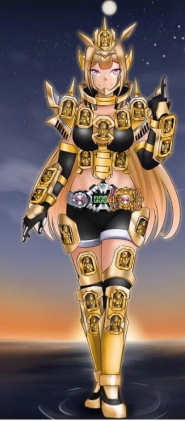 1girl, armor, armored_boots, armored_gloves, artist_request, belt, bikini, bikini_top_only, black_bikini, black_gloves, black_shorts, black_thighhighs, blonde_hair, boots, breasts, clock_hands, collar, crown, full_moon, gloves, gold_armor, gold_boots, kamen_rider, kamen_rider_grand_zi-o, kamen_rider_zi-o, kamen_rider_zi-o_(series), large_breasts, long_hair, looking_at_viewer, metal_collar, midriff, moon, personification, pink_eyes, rider-tan, rider_belt, ridewatch, shoes, shorts, shoulder_pads, sky, smile, standing, star_(sky), starry_sky, statue, sunset, swimsuit, thighhighs, tiara, walking, walking_on_liquid, water, ziku_driver