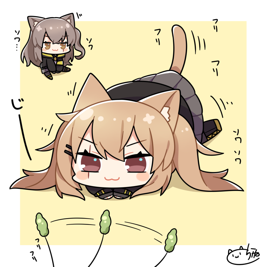 2girls, :3, animal_ears, blush_stickers, brown_eyes, brown_hair, cat_ears, cat_tail