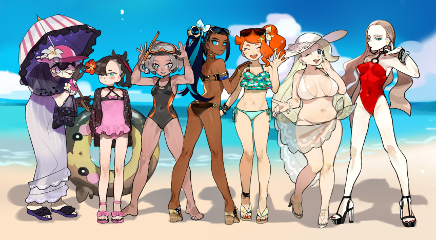 6+girls, ass, barefoot, bea_(pokemon), beach, bikini, bikini_top_only, blue_sky, breasts, cleavage, cloud, covered_navel, dark-skinned_female, dark_skin, day, eyewear_on_head, female_focus, flip-flops, flower, frilled_bikini, frilled_swimsuit, frills, full_body, gen_8_pokemon, gluteal_fold, gym_leader, hair_flower, hair_ornament, hat, high_heel_sandals, high_heels, highres, innertube, jewelry, large_breasts, lineup, looking_at_viewer, marnie_(pokemon), mature_female, melony_(pokemon), midriff, morpeko, morpeko_(full), multiple_girls, nail_polish, natsuko_(summer_525528), navel, nessa_(pokemon), nintendo, ocean, old, old_woman, oleana_(pokemon), one-piece_swimsuit, opal_(pokemon), outdoors, pale_skin, platform_footwear, platform_heels, plump, pokemon, pokemon_(creature), pokemon_sword_and_shield, sandals, sarong, shoes, side_ponytail, sky, small_breasts, snorkel, sonia_(pokemon), standing, stomach, sun_hat, sunglasses, sunglasses_on_head, swim_ring, swimsuit, themed_object, thigh_gap, toe_ring, umbrella