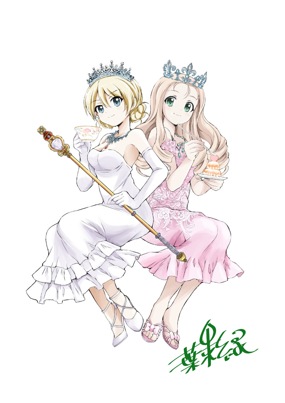 2girls, artist_name, blonde_hair, blue_eyes, braid, breasts, cake, cleavage