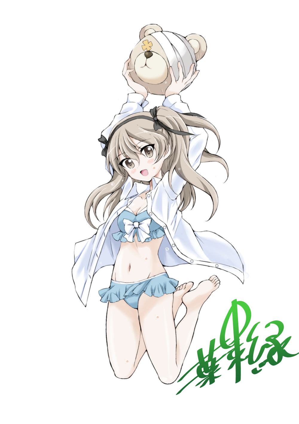 1girl, animal_print, arms_up, artist_name, ball, barefoot, beachball, bear_print, bikini, bikini_skirt, bikini_under_clothes, black_ribbon, blue_bikini, boko_(girls_und_panzer), bow, bow_bikini, breasts, brown_eyes, cleavage, dress_shirt, female_focus, frilled_bikini, frills, full_body, girls_und_panzer, hagi_midori, hair_ribbon, highres, holding, holding_ball, jumping, light_brown_hair, long_hair, long_sleeves, looking_at_viewer, navel, one_side_up, open_clothes, open_mouth, open_shirt, ribbon, shimada_arisu, shirt, signature, simple_background, small_breasts, smile, solo, swimsuit, wet, white_background, white_shirt, wing_collar