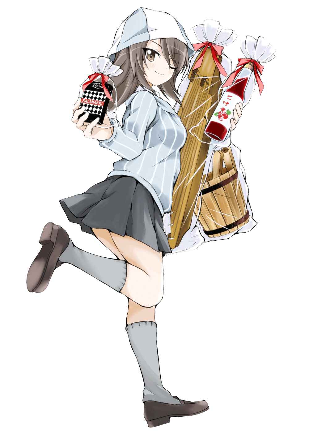 1girl, ;), bag, blue_hat, blue_shirt, blue_shoes, bottle, brown_eyes