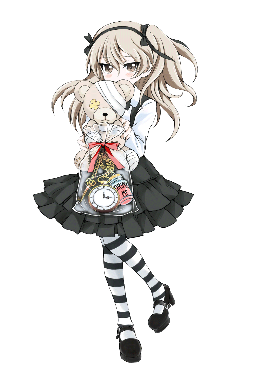 1girl, alice's_adventures_in_wonderland, bag, bandages, black_neckwear, black_pantyhose, black_ribbon, black_shoes