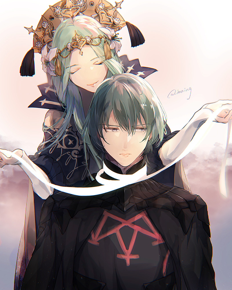 1boy, 1girl, armor, blue_hair, male_byleth_(fire_emblem), closed_eyes, closed_mouth, crown