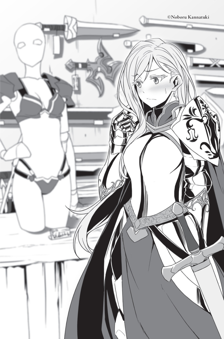 1girl, armor, armored_dress, artist_name, bikini_armor, blurry, blurry_background, blush