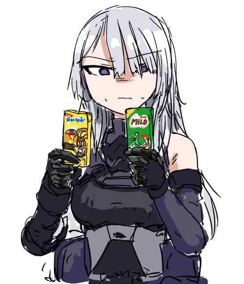 1girl, ak-15_(girls'_frontline), chocolate, commentary_request, drink, dutchko, female_focus, girls'_frontline, gloves, korean_commentary, milo_(drink), nesquik, purple_eyes, silver_hair, solo, tactical_clothes, white_background