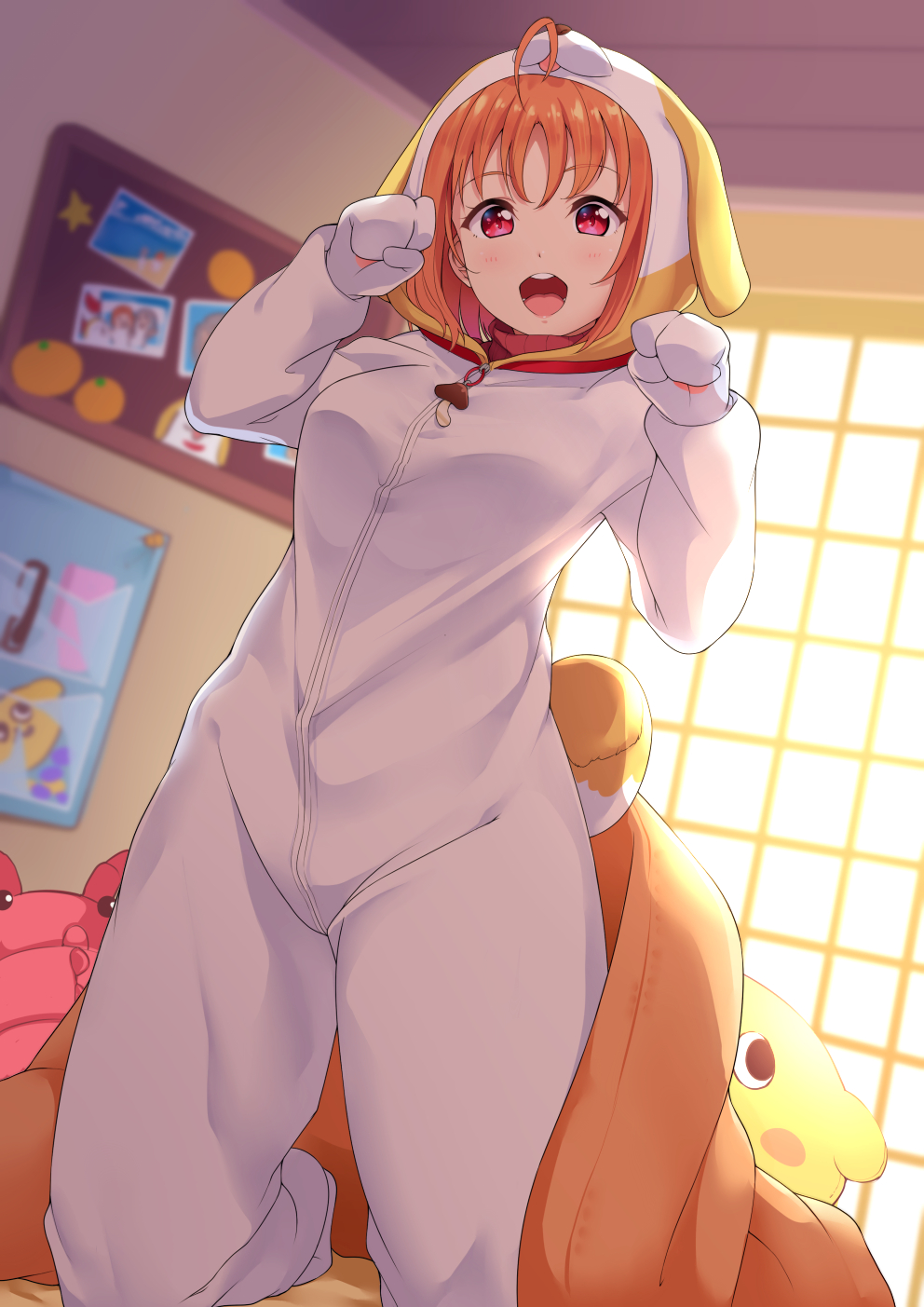 1girl, ahoge, animal_costume, bulletin_board, cosplay, cowboy_shot, dog_costume, female_focus, highres, indoors, kanabun, kneeling, looking_at_viewer, love_live!, love_live!_sunshine!!, open_mouth, orange_hair, paw_pose, red_eyes, ribbon, round_teeth, shiitake_(love_live!), shiitake_(love_live!_sunshine!!)_(cosplay), short_hair, smile, solo, stuffed_toy, takami_chika, teeth, upper_teeth_only, window, yellow_ribbon