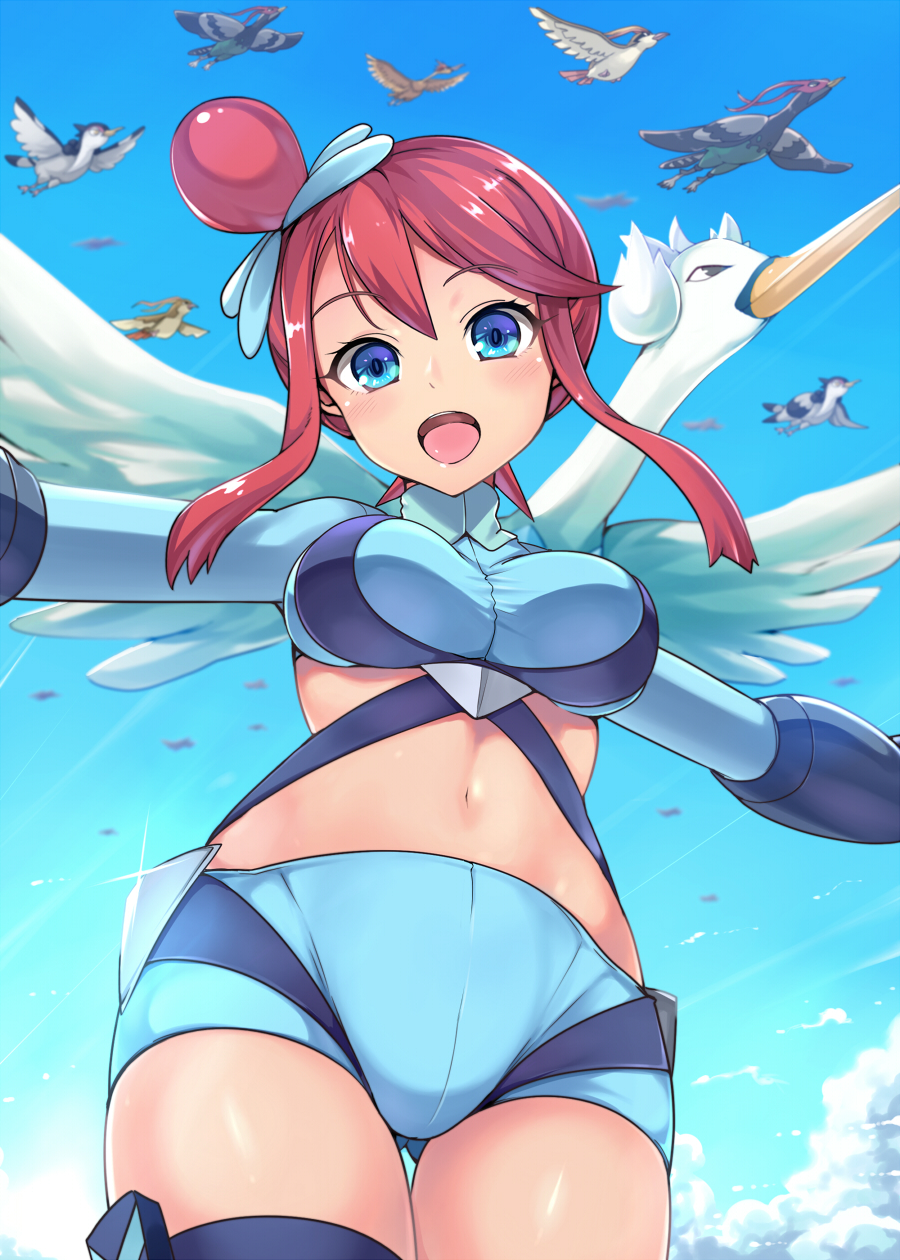 1girl, :d, bird, blue_eyes, blue_shorts, blue_sky, breasts, commentary_request