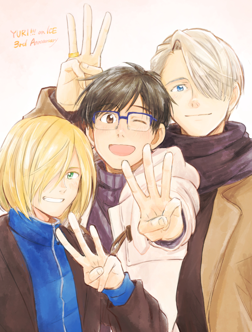 3boys, ;d, anniversary, black_hair, blonde_hair, blue-framed_eyewear, blue_eyes, brown_eyes